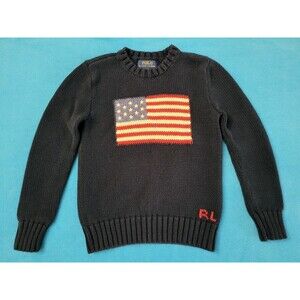 Polo Ralph Lauren Sweater Unisex Kids S (8) Navy Blue USA Flag American RL